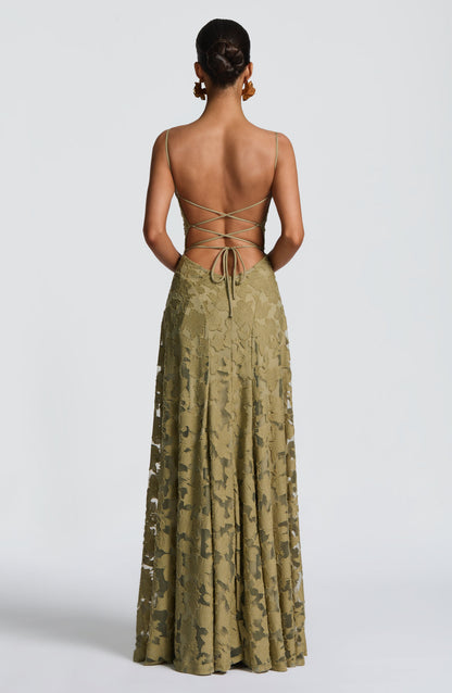 Women cowl maxi dress, side view