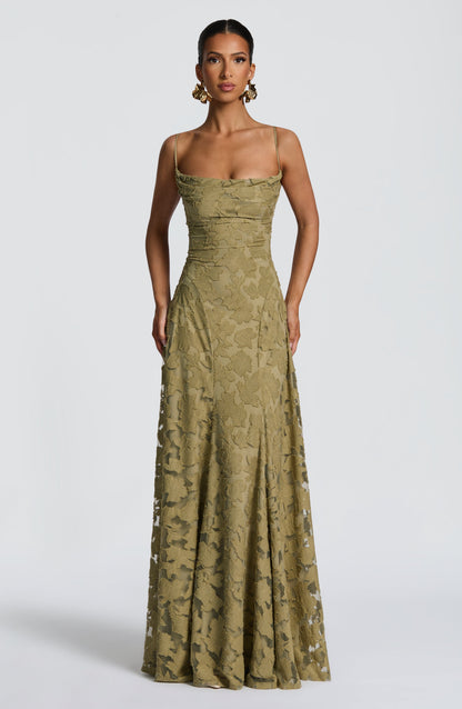 Women cowl maxi dress, detail close-up