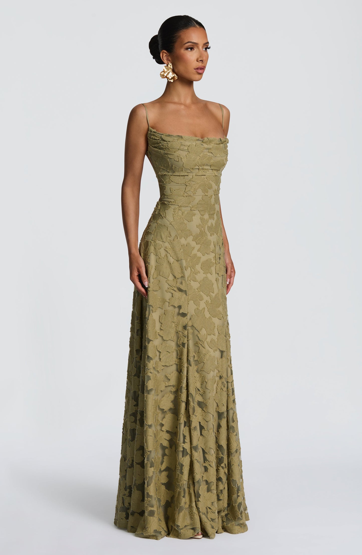 Women cowl maxi dress, side view