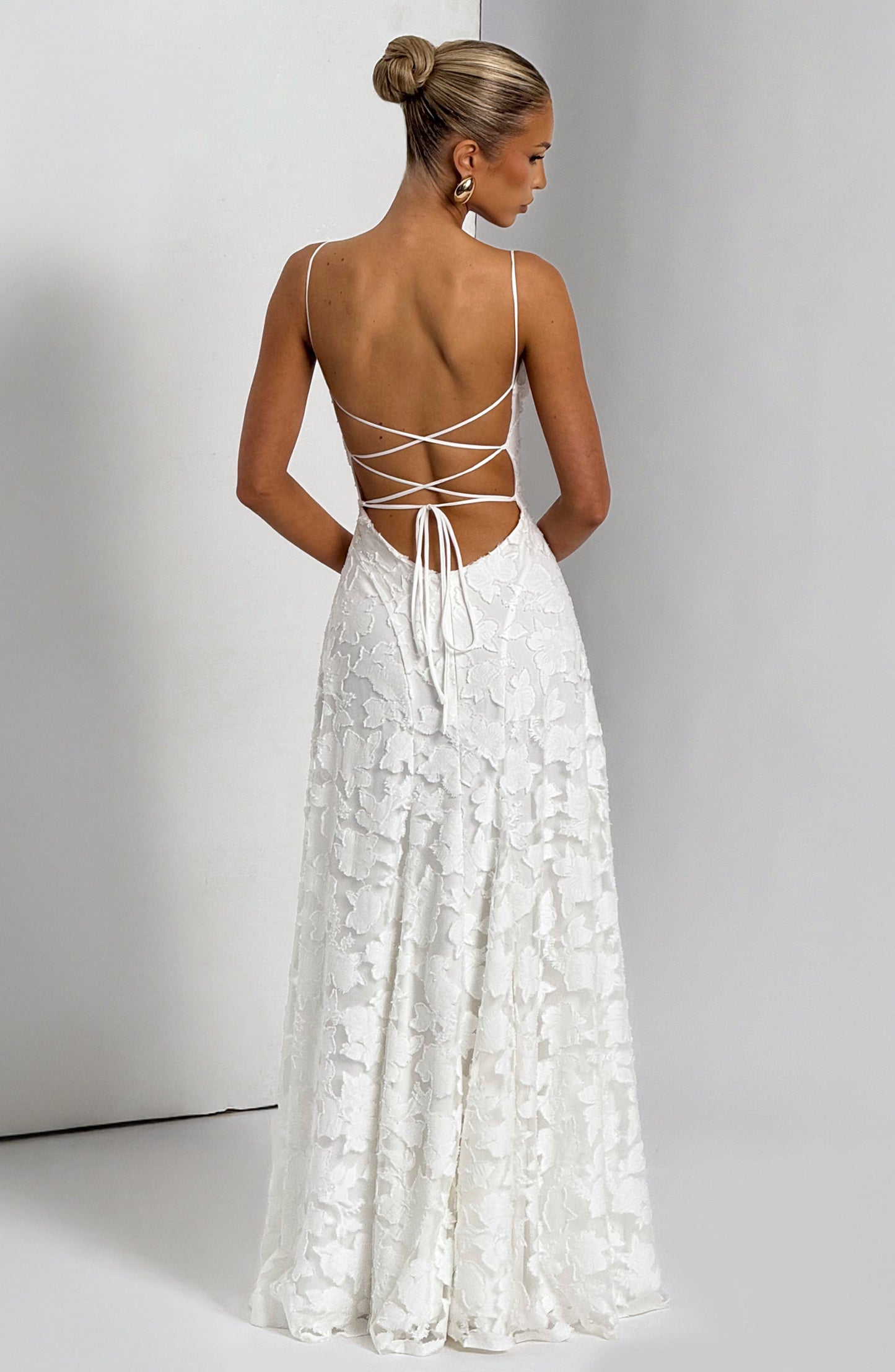 Women ivory cowl maxi dress, back view
