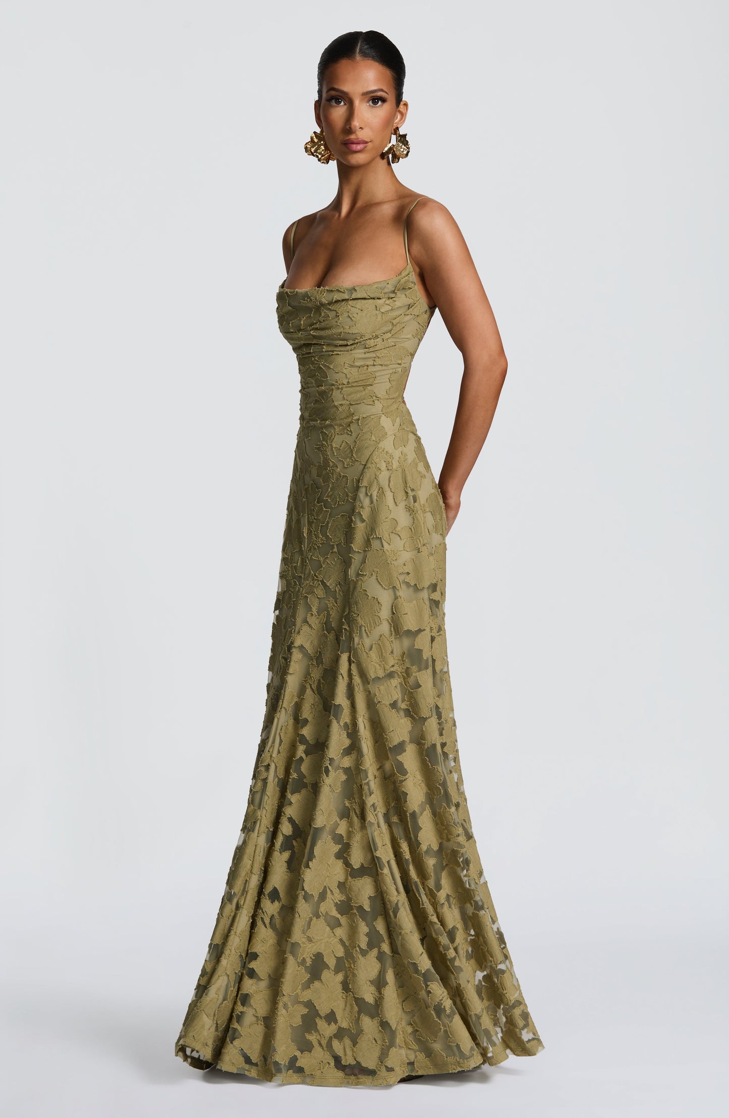 Women cowl maxi dress, detail close-up