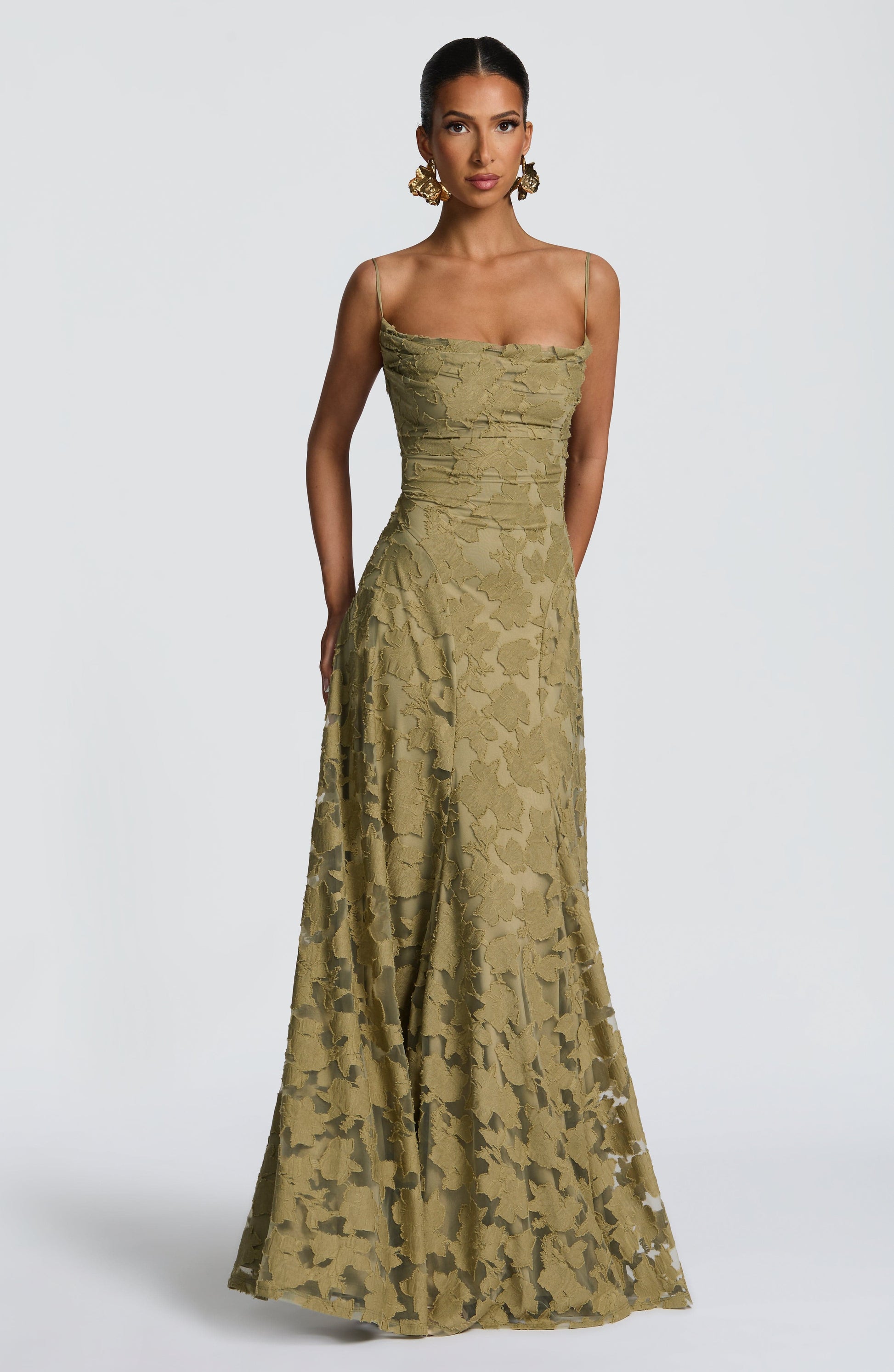 Women cowl maxi dress, side view