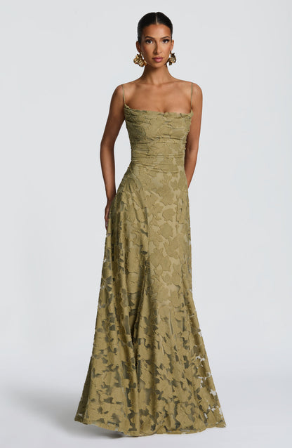 Women cowl maxi dress, side view
