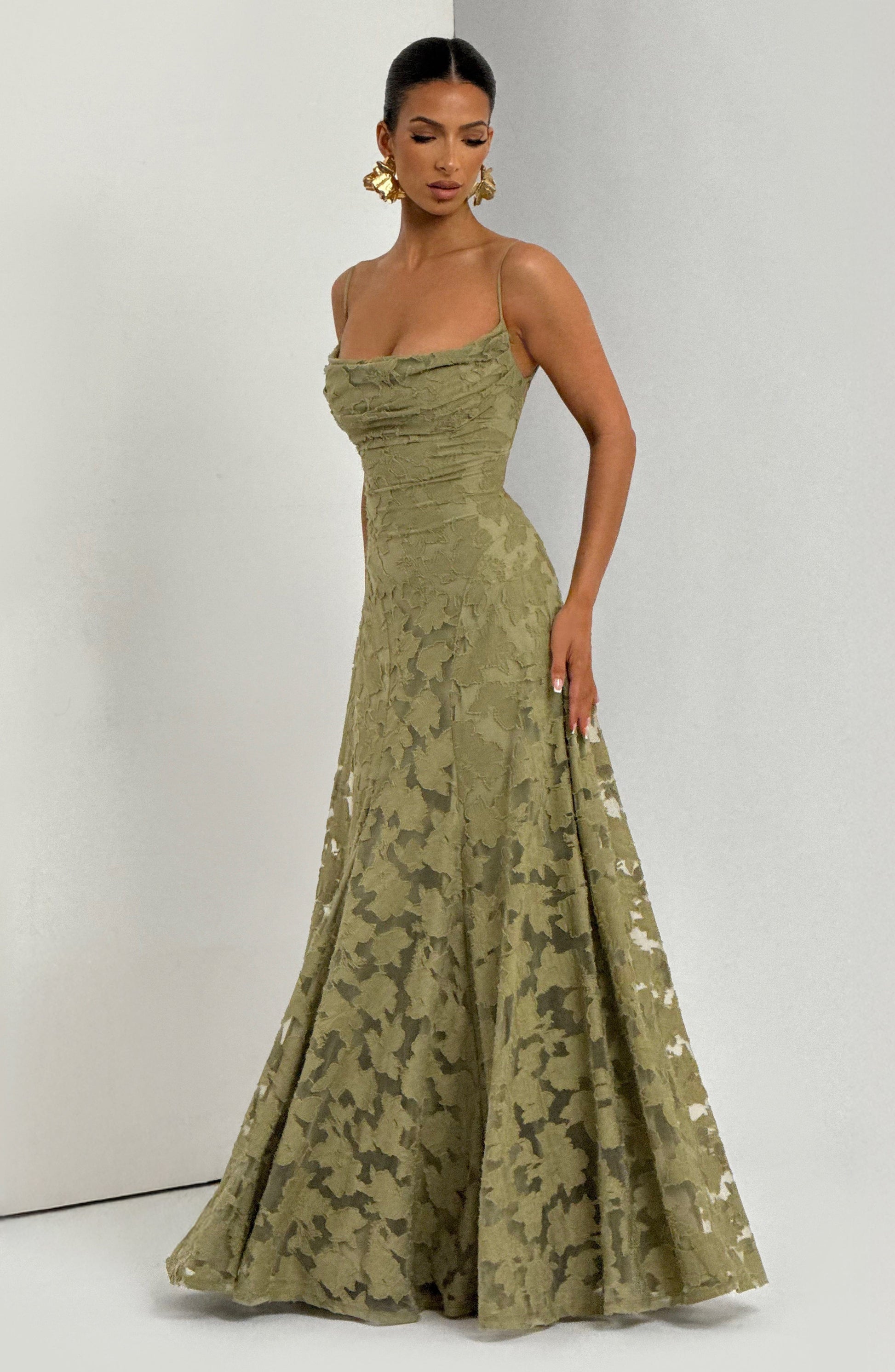 Women cowl maxi dress, detail close-up