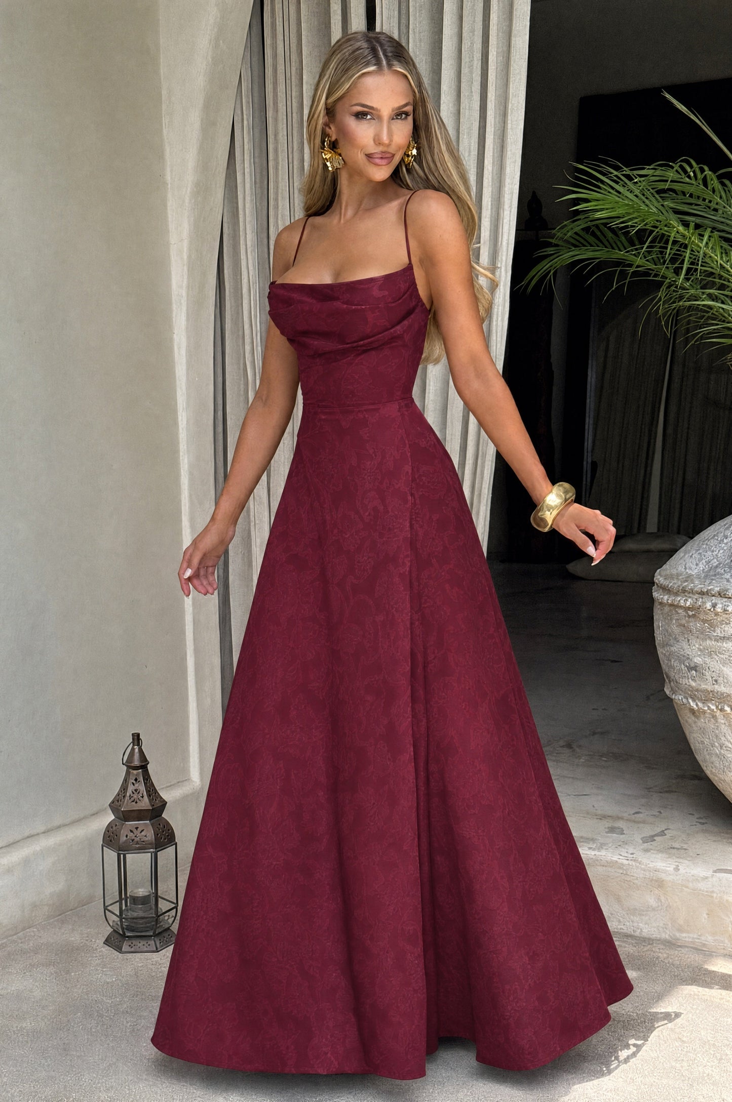 Women cowl maxi dress, back view