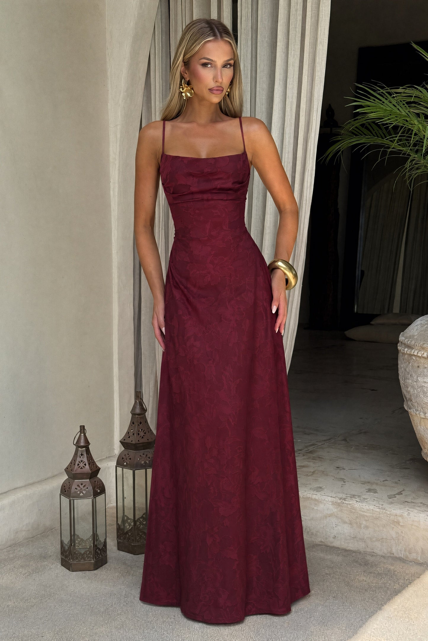 Women cowl maxi dress, side view