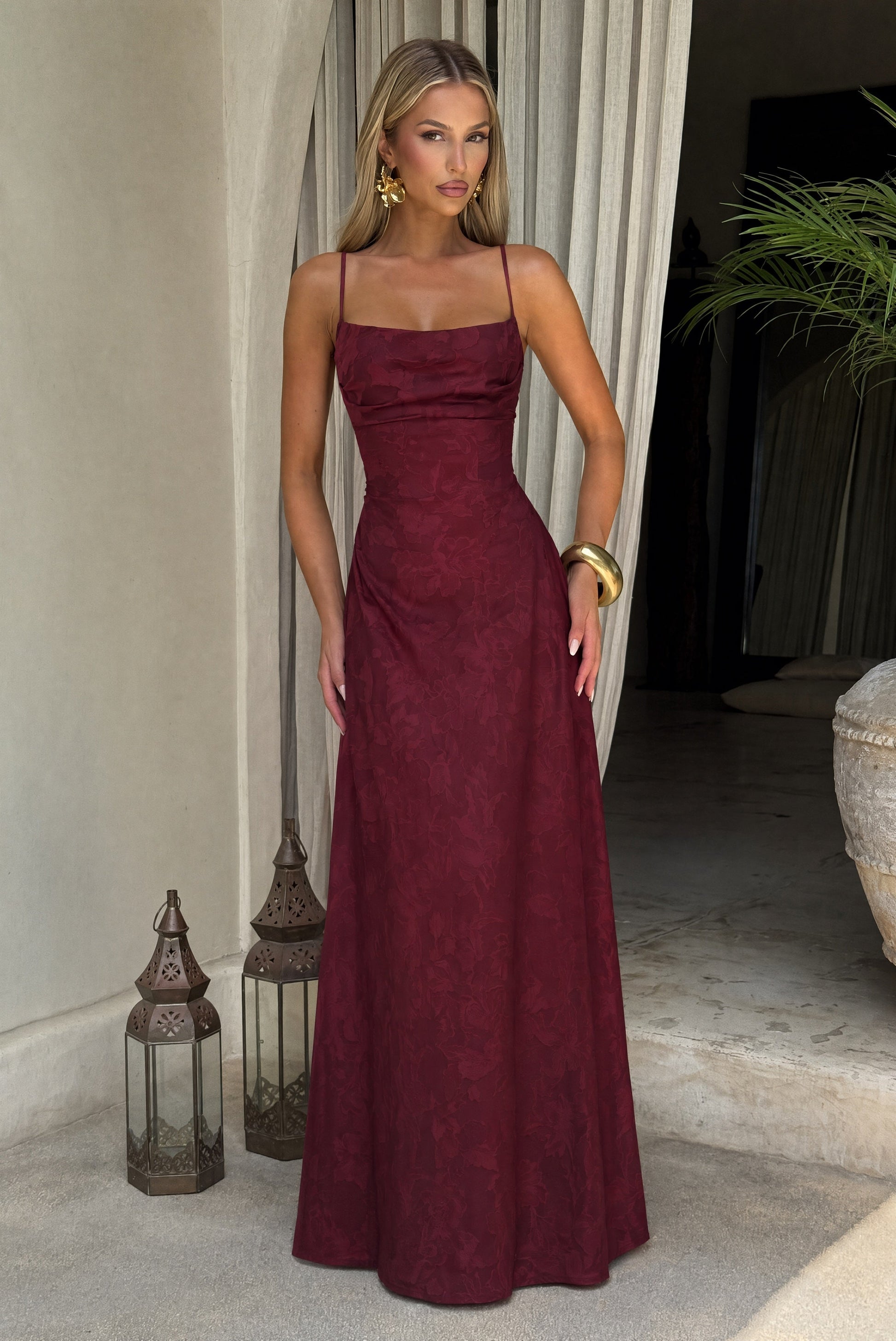 Women cowl maxi dress, side view