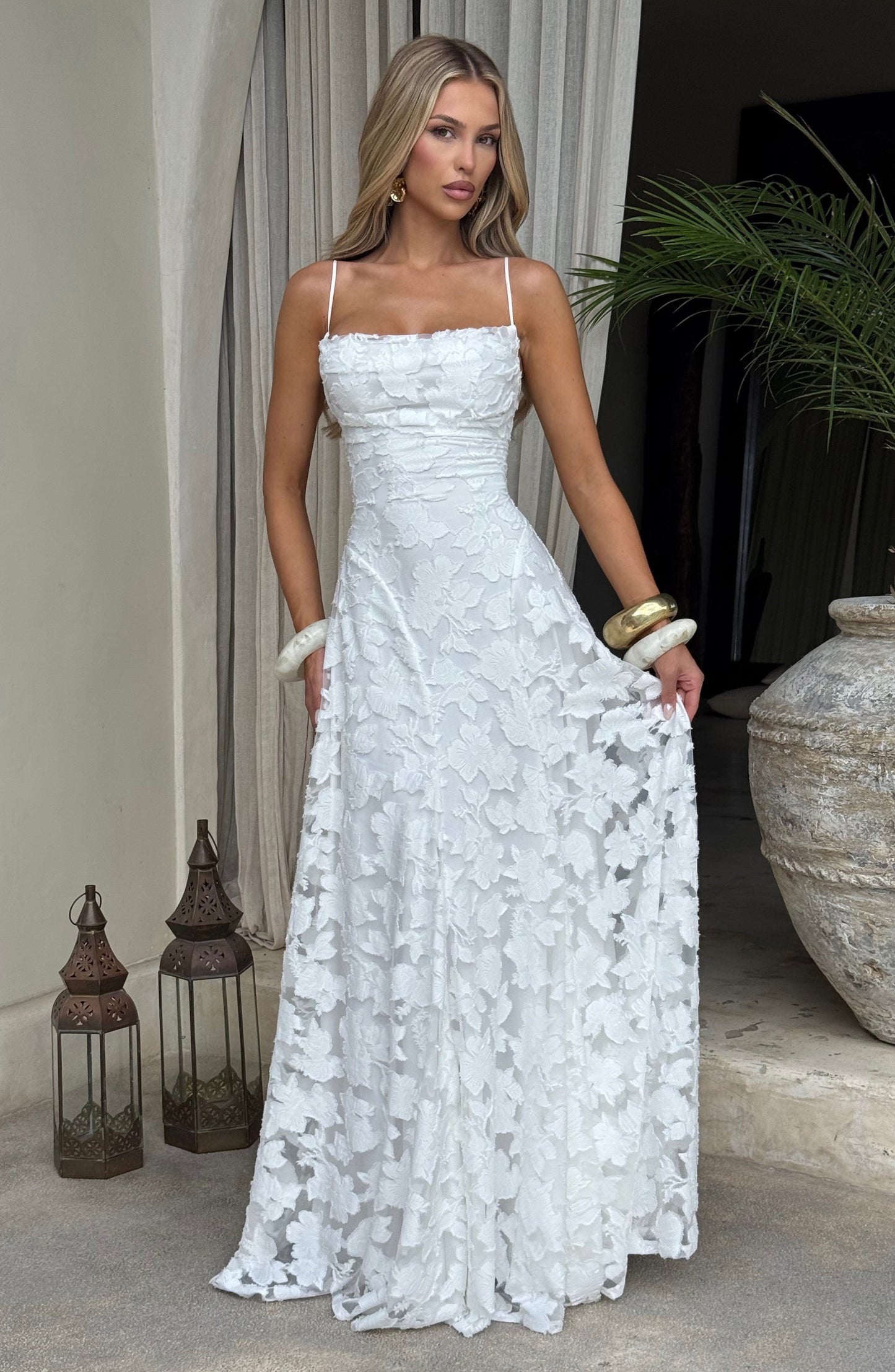 Women ivory cowl maxi dress, side view