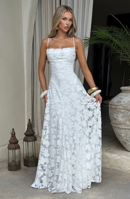 Women ivory cowl maxi dress, side view