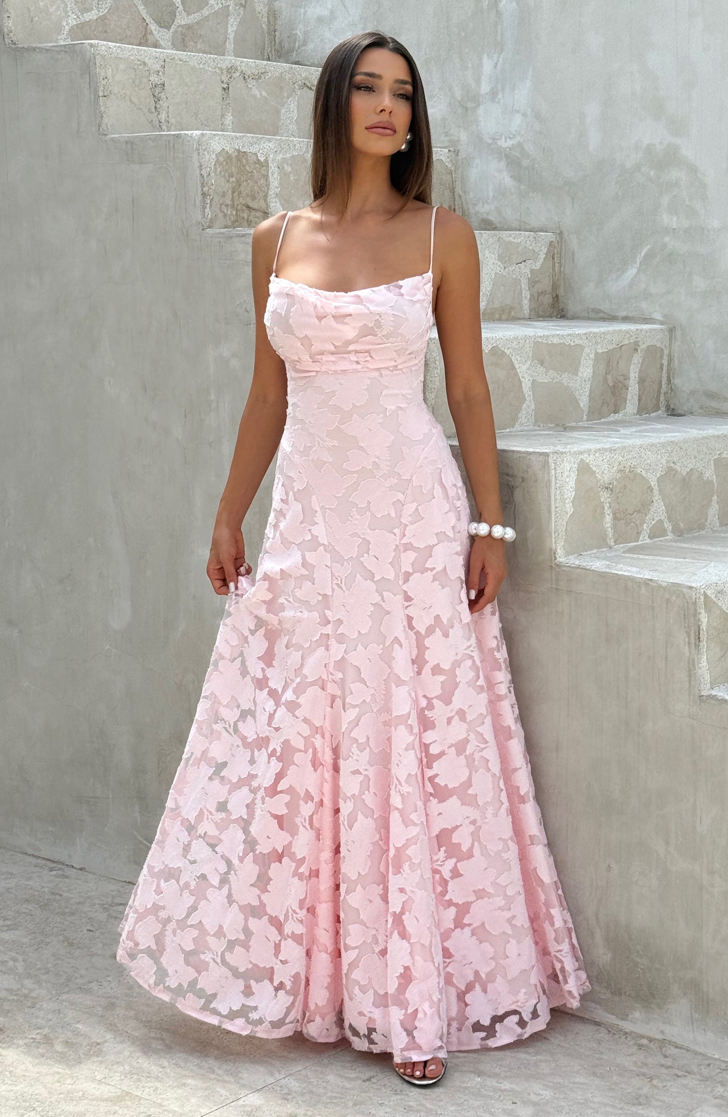 Women cowl maxi dress, detail close-up