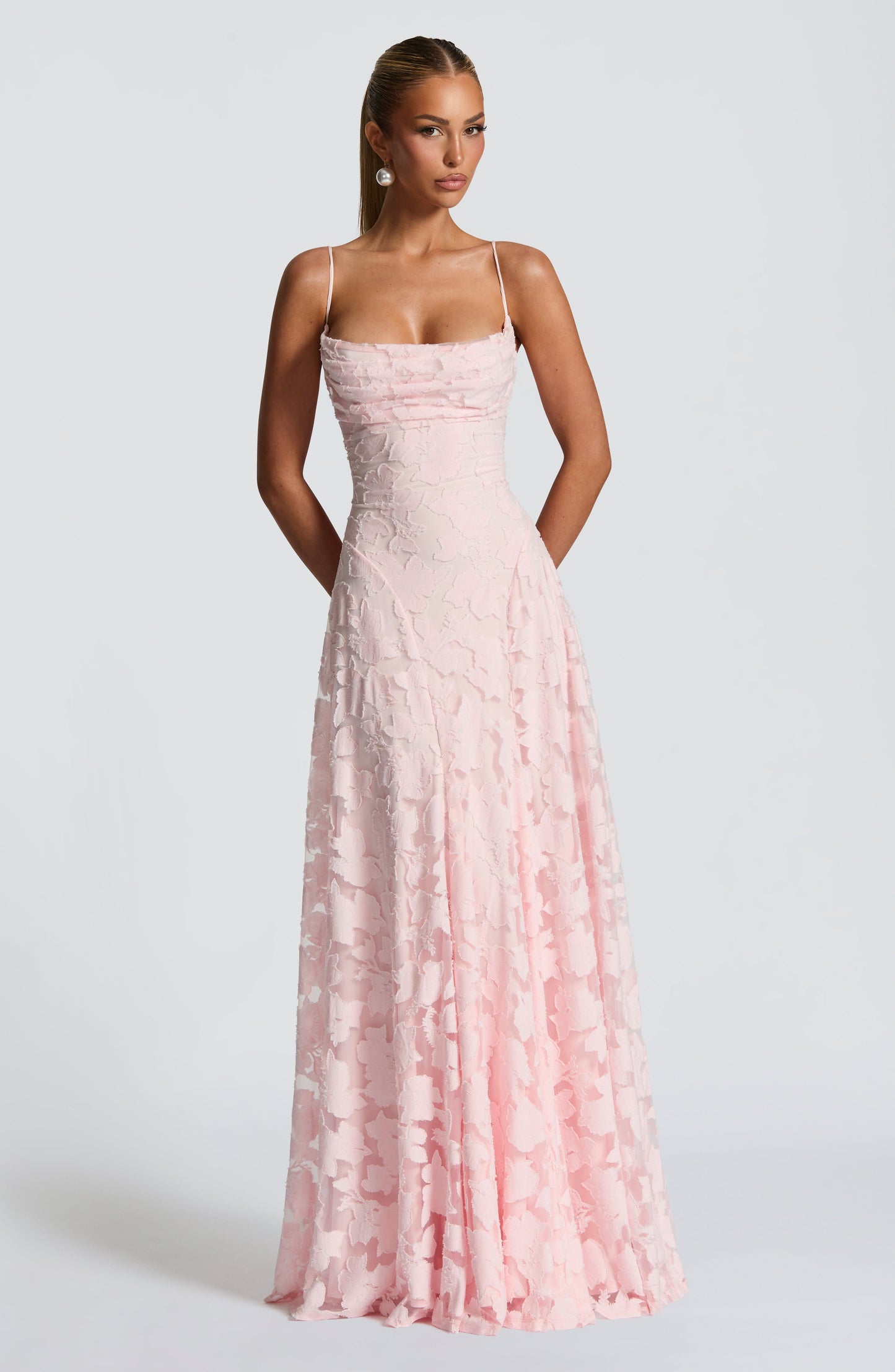 Women cowl maxi dress, side view