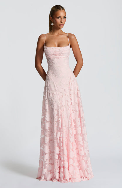 Women cowl maxi dress, side view