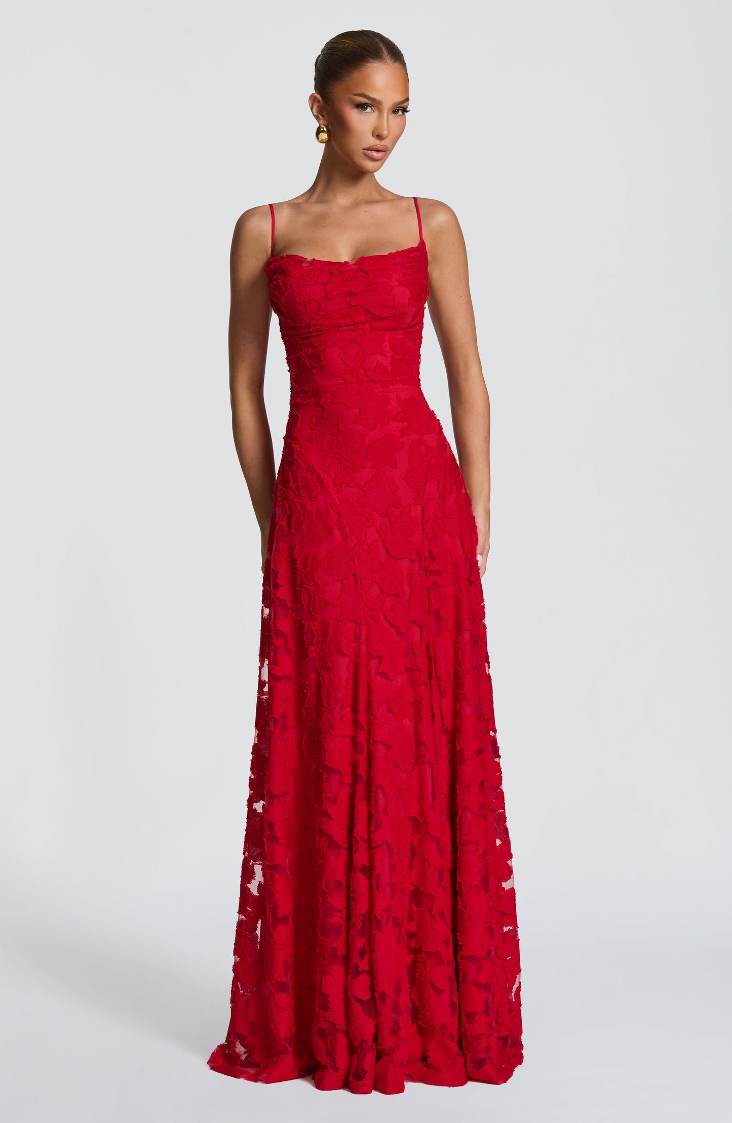 Women red cowl maxi dress, side view