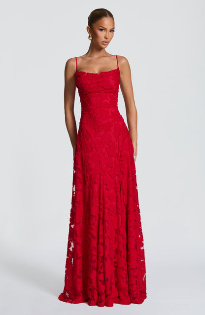 Women red cowl maxi dress, side view