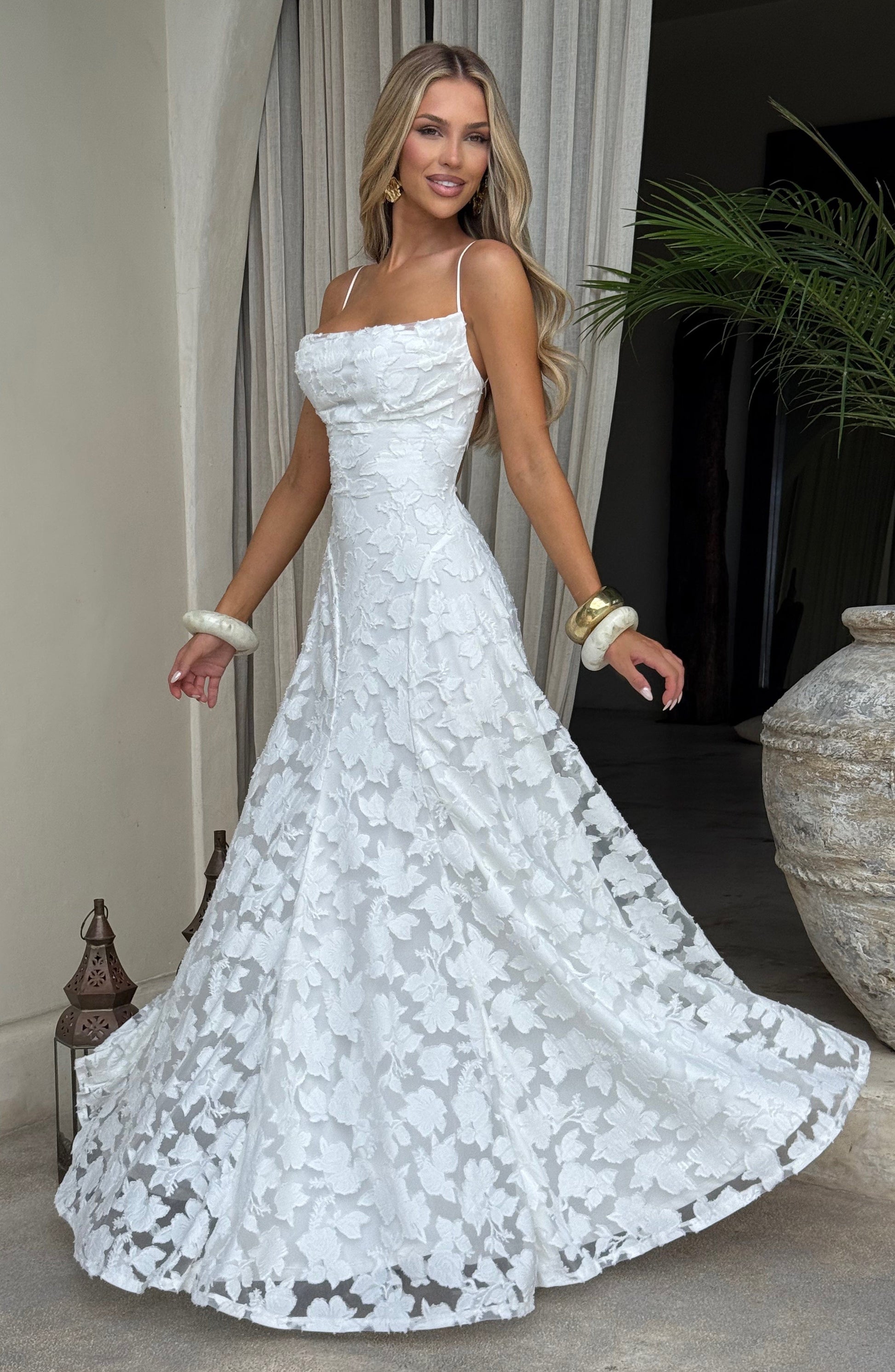 Women ivory cowl maxi dress, detail close-up