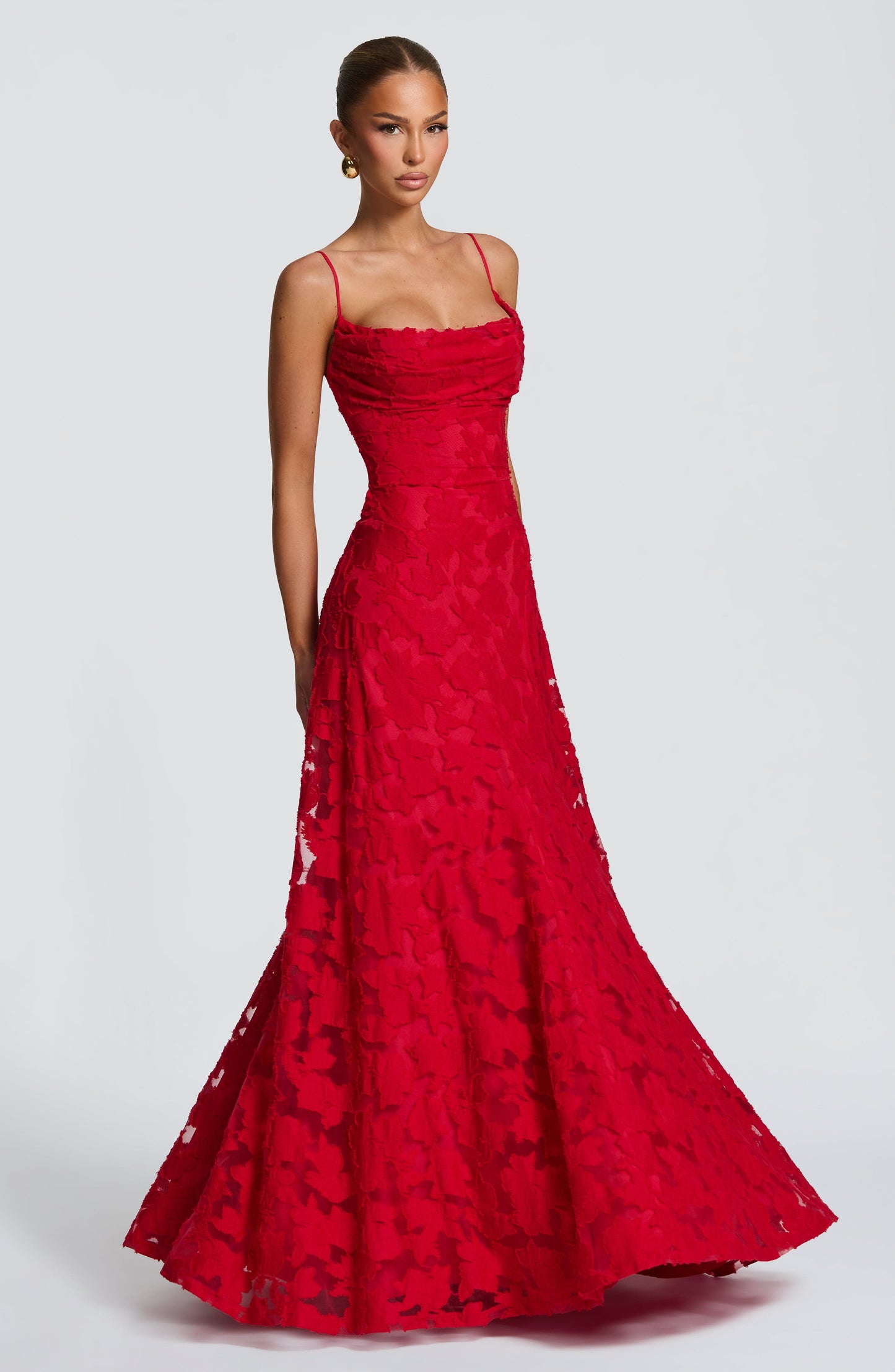Women red cowl maxi dress, detail close-up