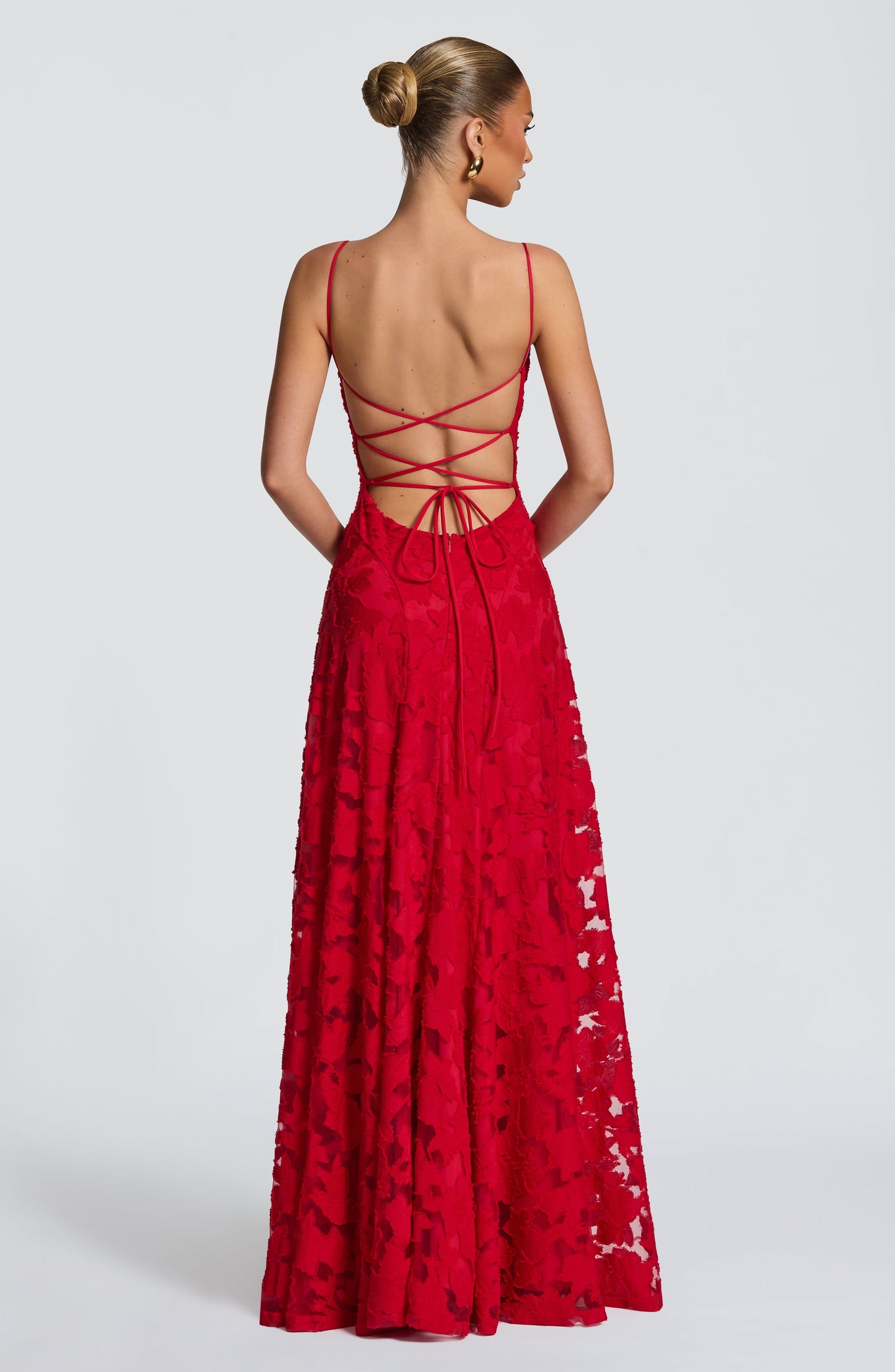 Women red cowl maxi dress, front view