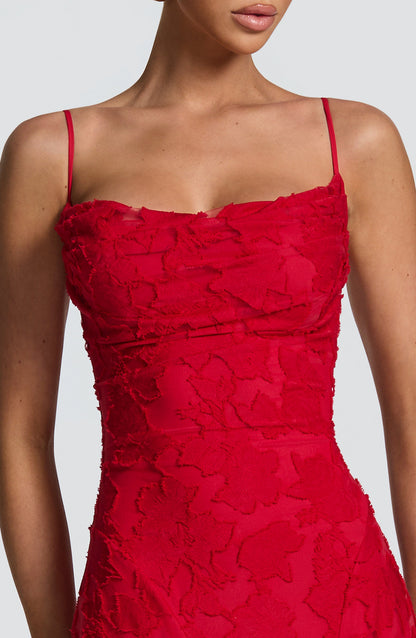 Women red cowl maxi dress, back view