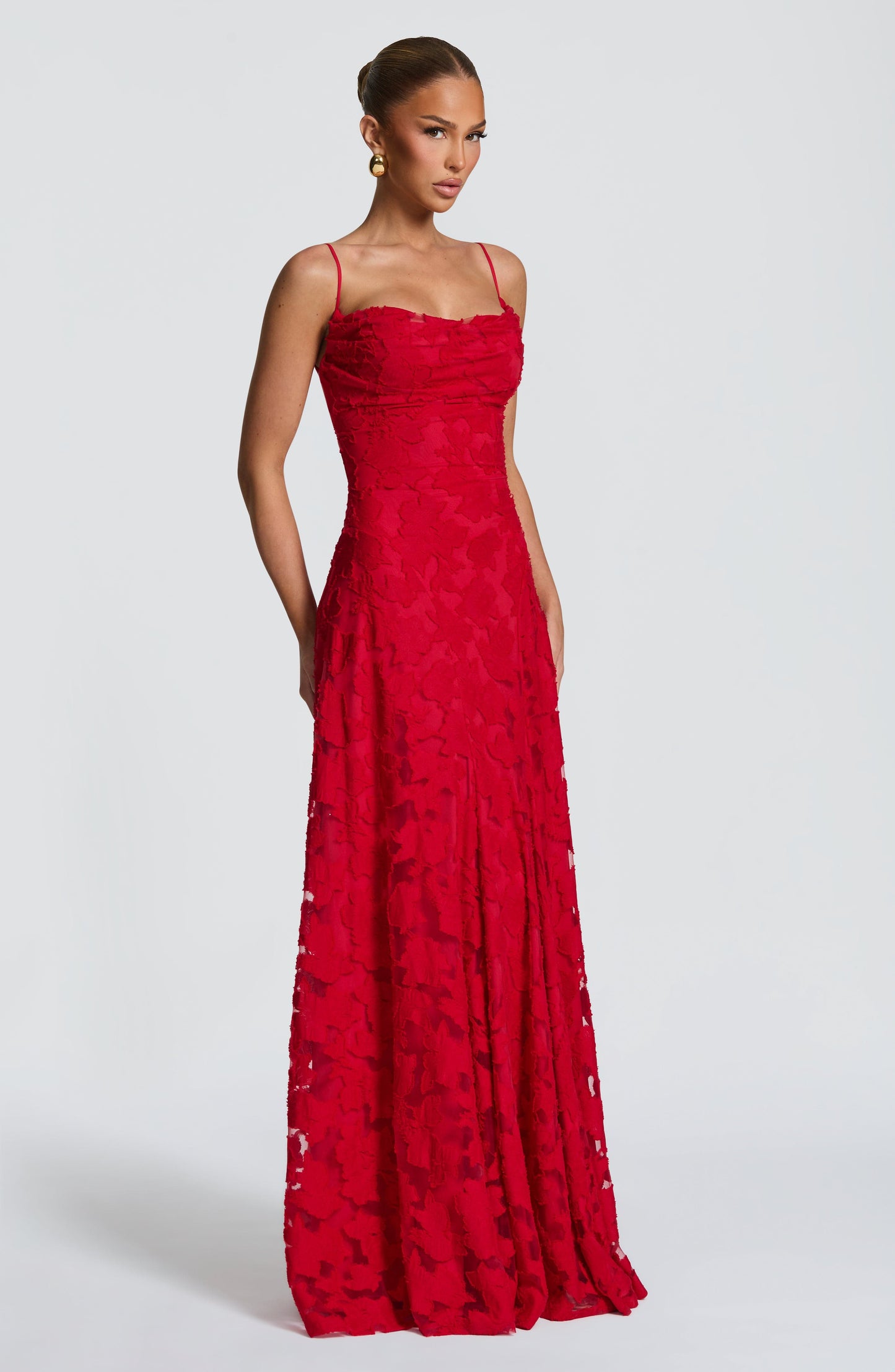 Women red cowl maxi dress, side view