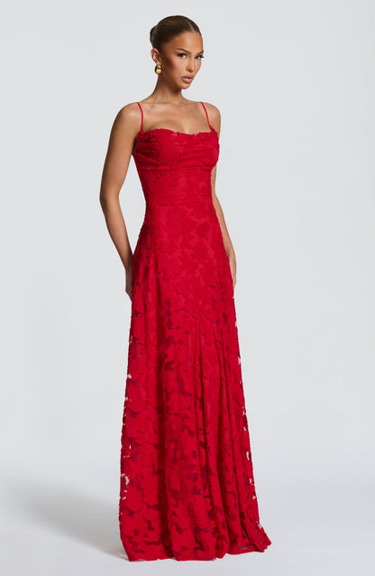 Women red cowl maxi dress, side view