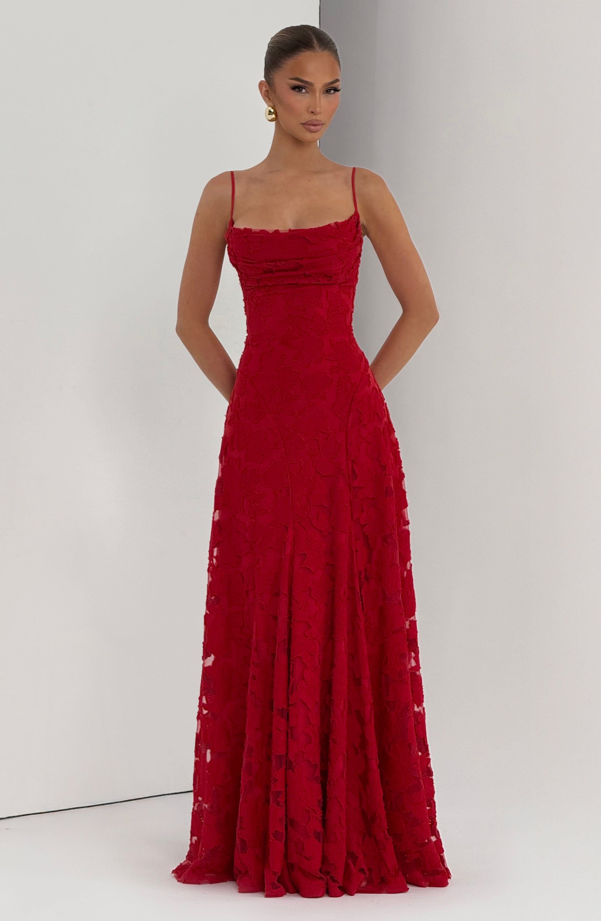 Women red cowl maxi dress, detail close-up