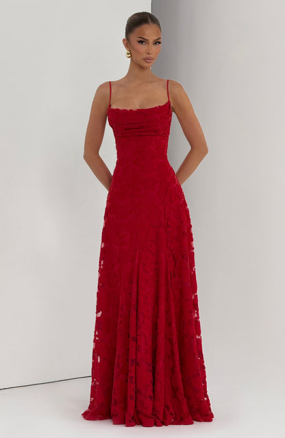 Women red cowl maxi dress, detail close-up