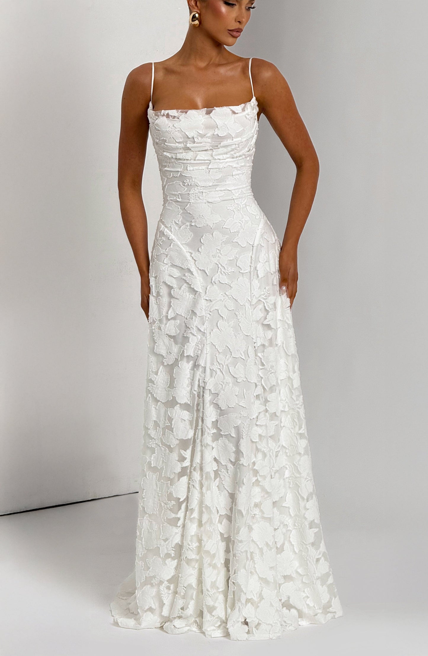 Women ivory cowl maxi dress, front view