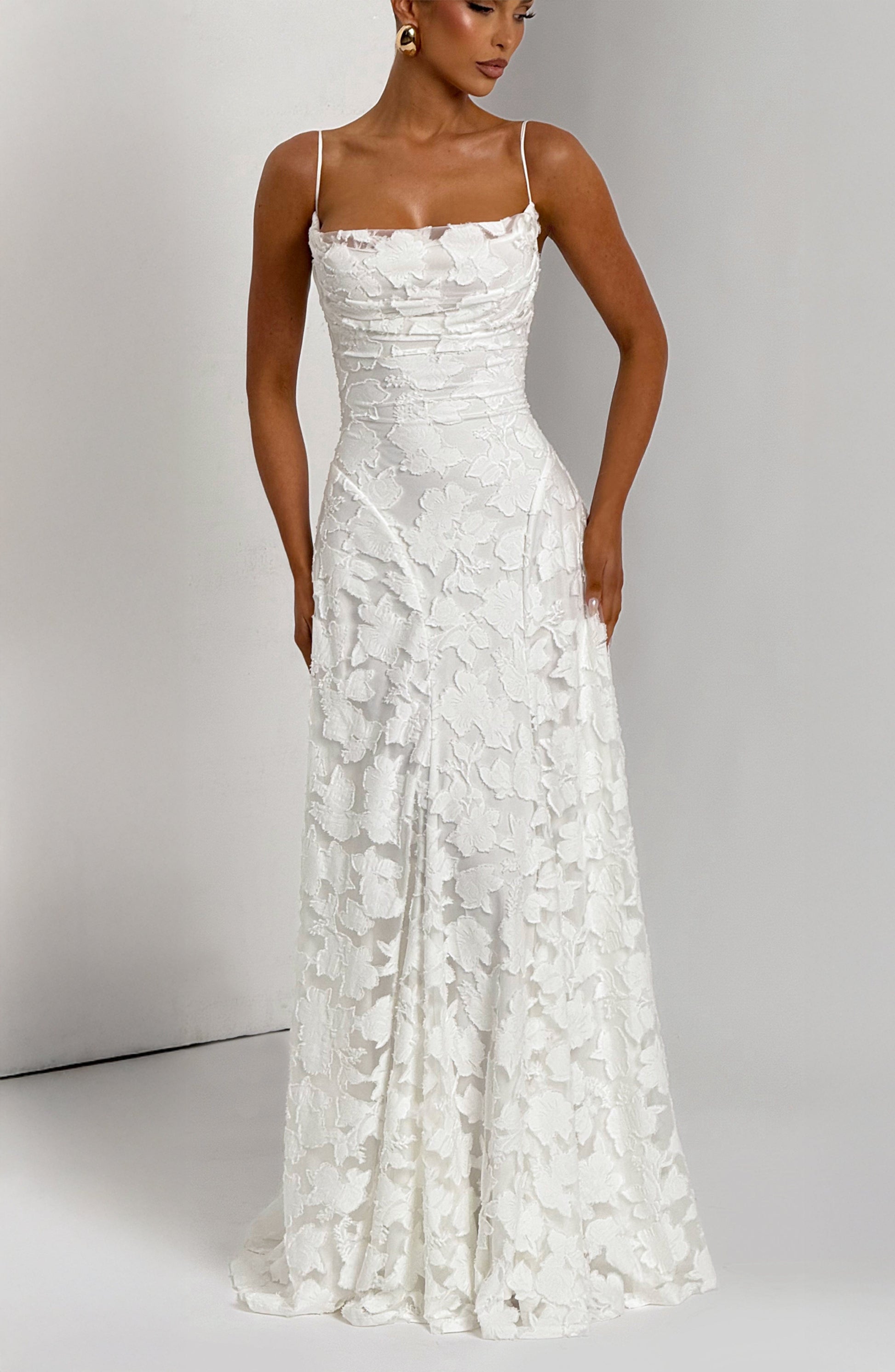 Women ivory cowl maxi dress, front view