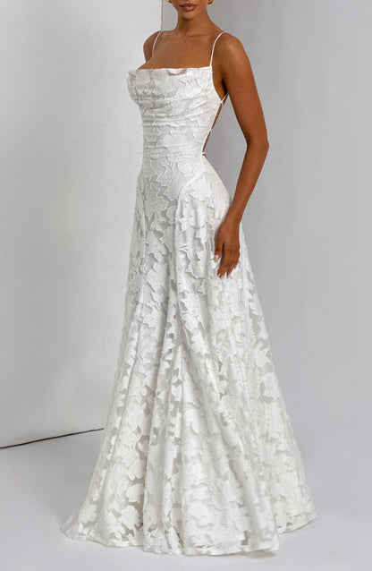 Women ivory cowl maxi dress, back view