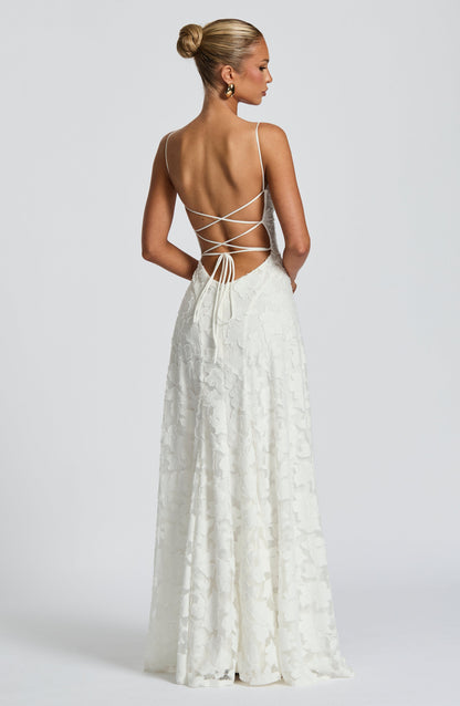 Women ivory cowl maxi dress, detail close-up