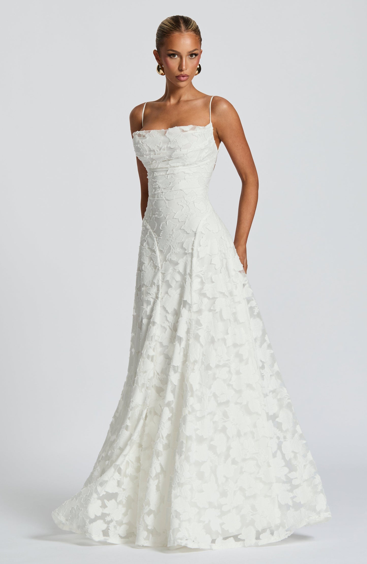 Women ivory cowl maxi dress, front view