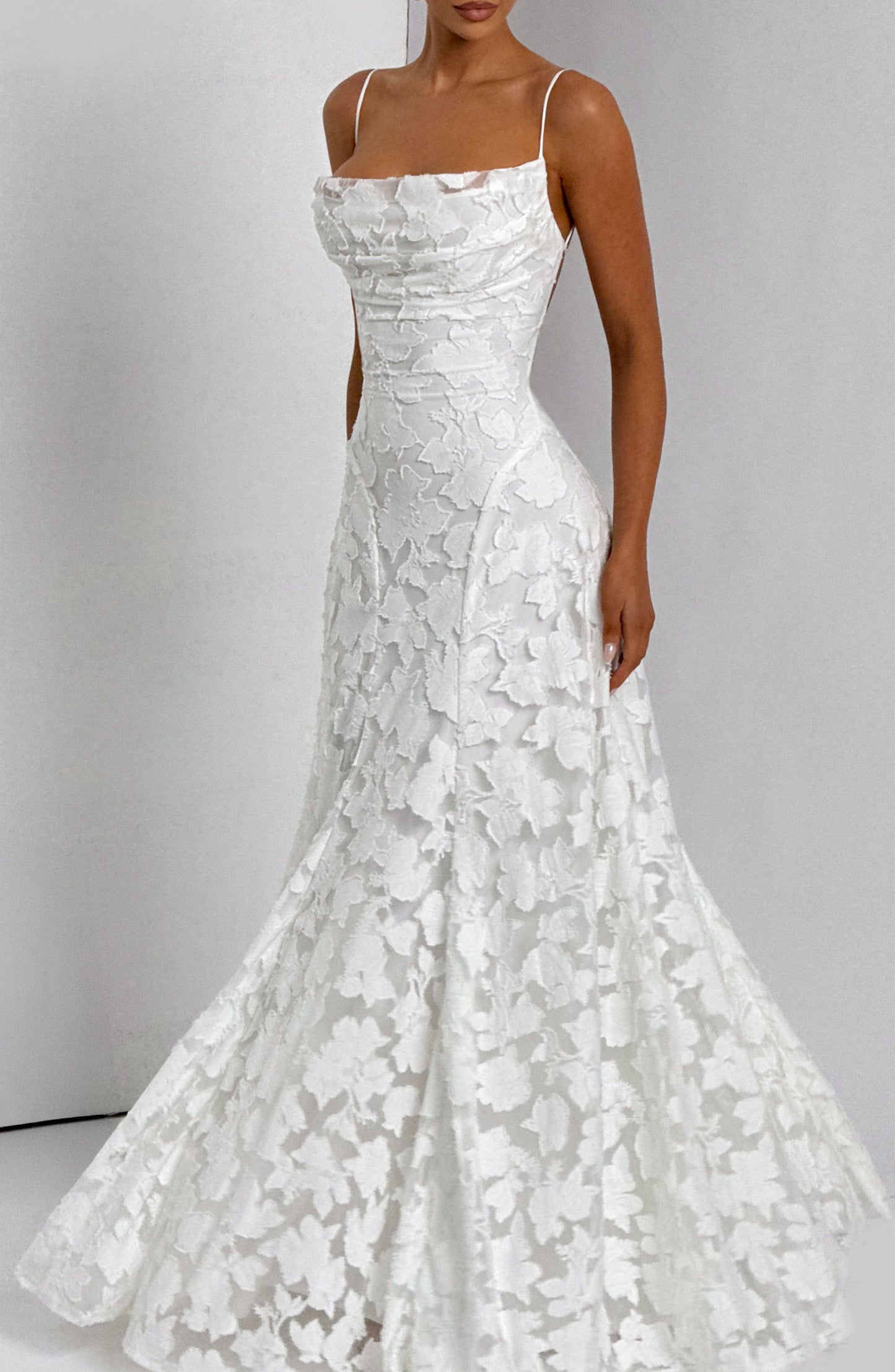 Women ivory cowl maxi dress, front view
