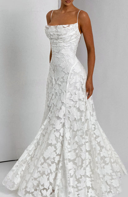 Women ivory cowl maxi dress, front view