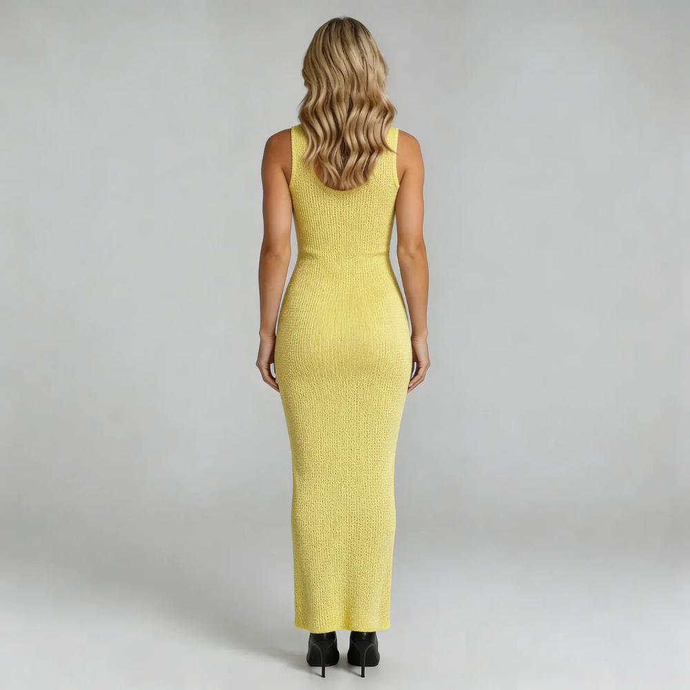 Yellow shimmer maxi dress — back view emphasizing tank straps and elegant maxi length.