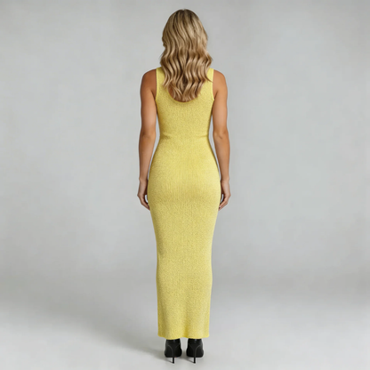 Yellow shimmer maxi dress — back view emphasizing tank straps and elegant maxi length.