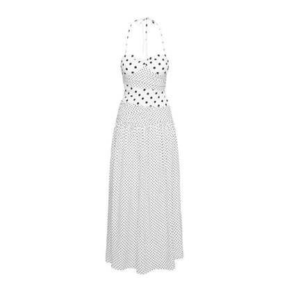 White polka dot maxi dress — isolated image showcasing full-length design and vintage-inspired polka dot print.