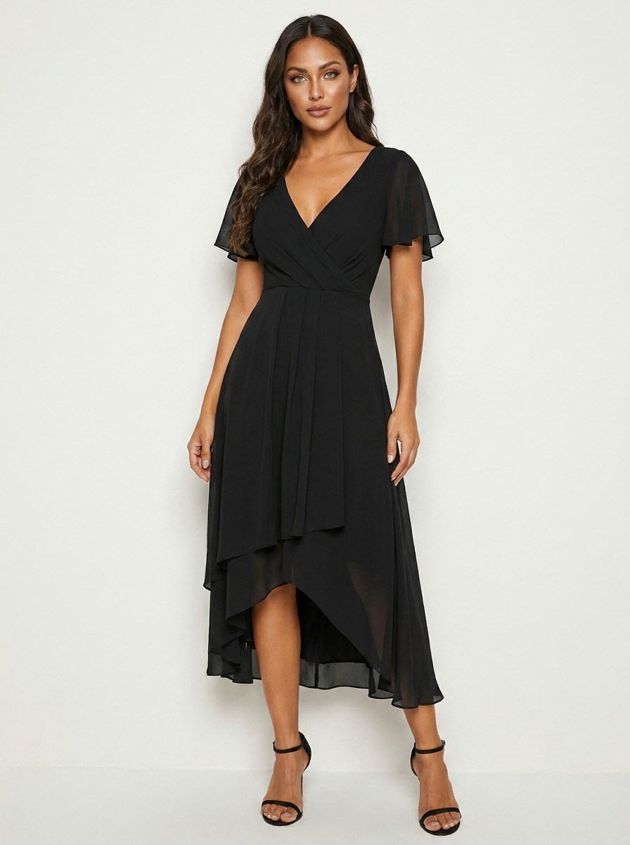 Genevieve Ruffle Midi Dress in Black