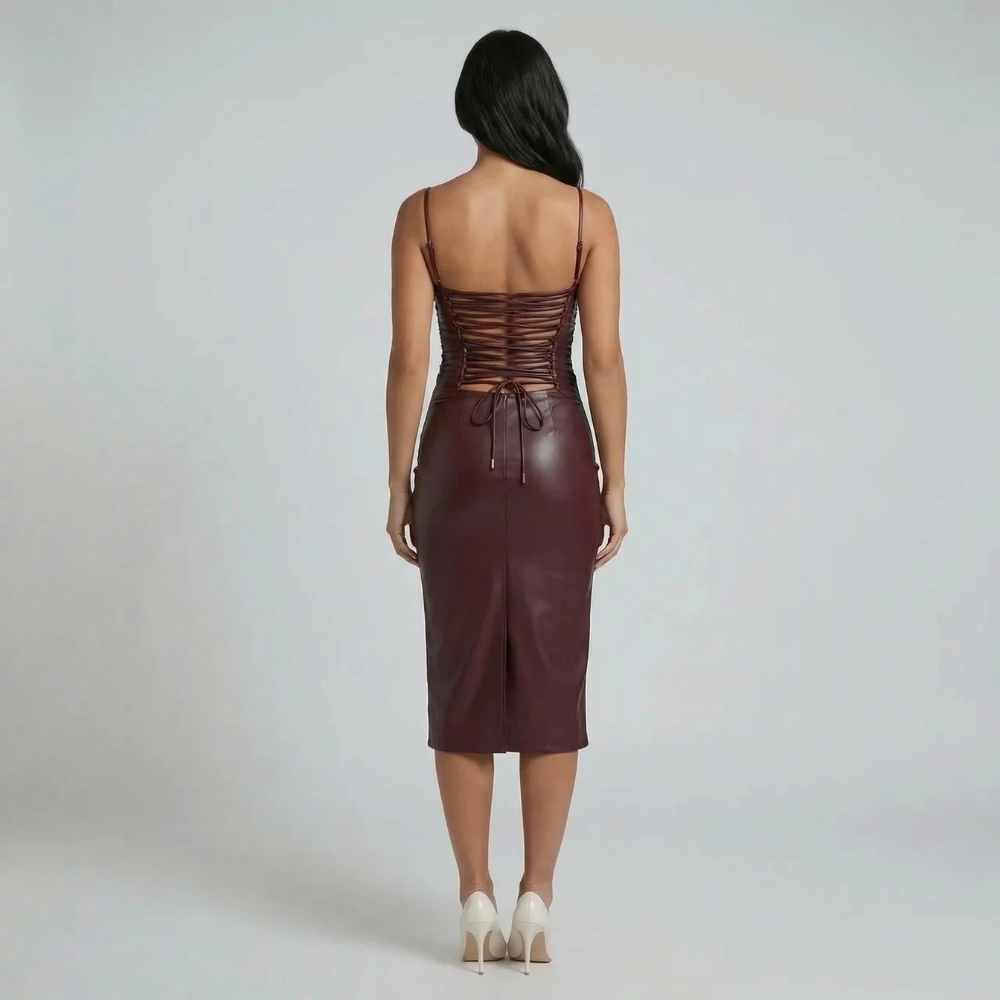 Burgundy vegan leather midi dress — back view detailing lace-up corset design and back slit.