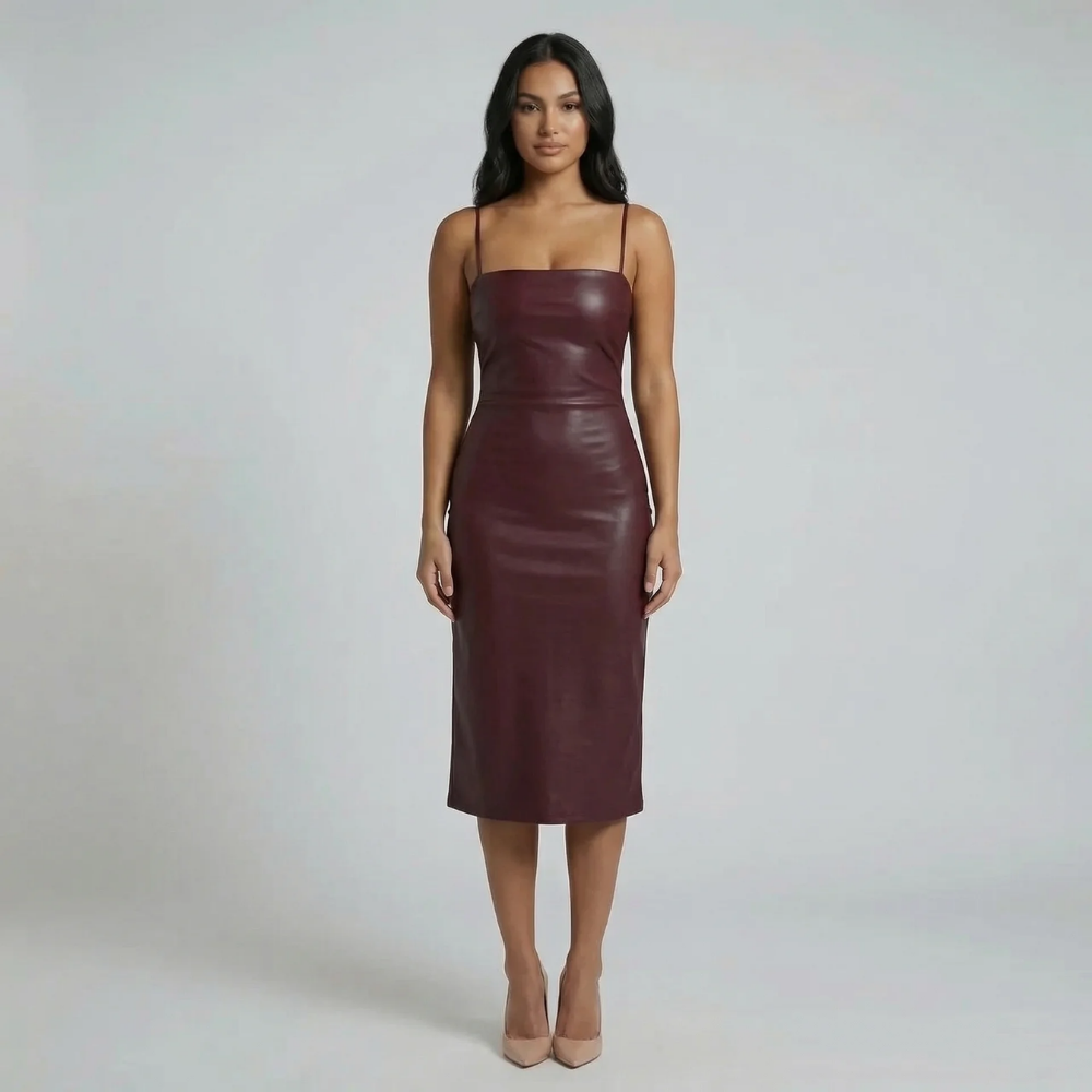 Burgundy vegan leather midi dress — front view showing straight neckline and spaghetti straps.