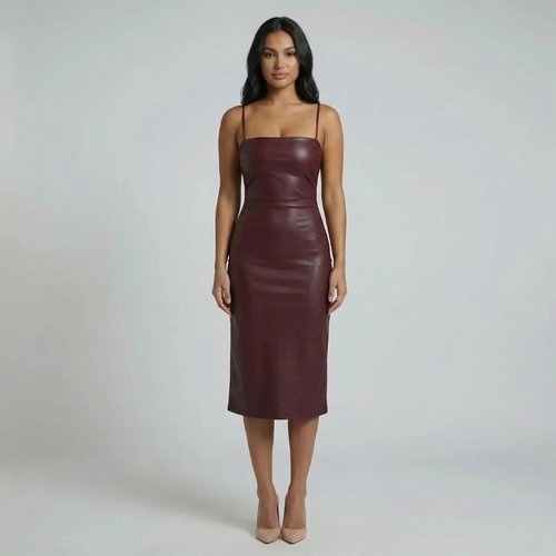 Burgundy vegan leather midi dress — front view showing straight neckline and spaghetti straps.