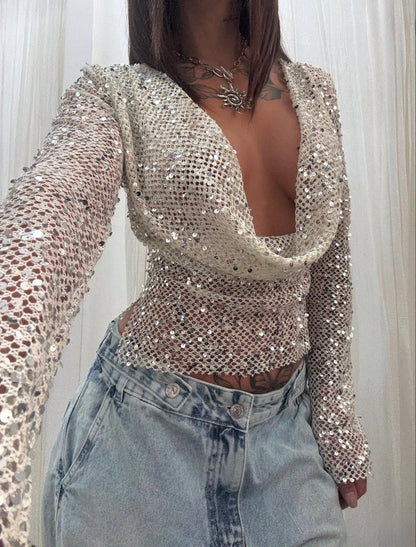 Grace Open-Back Sequin Top in Ivory