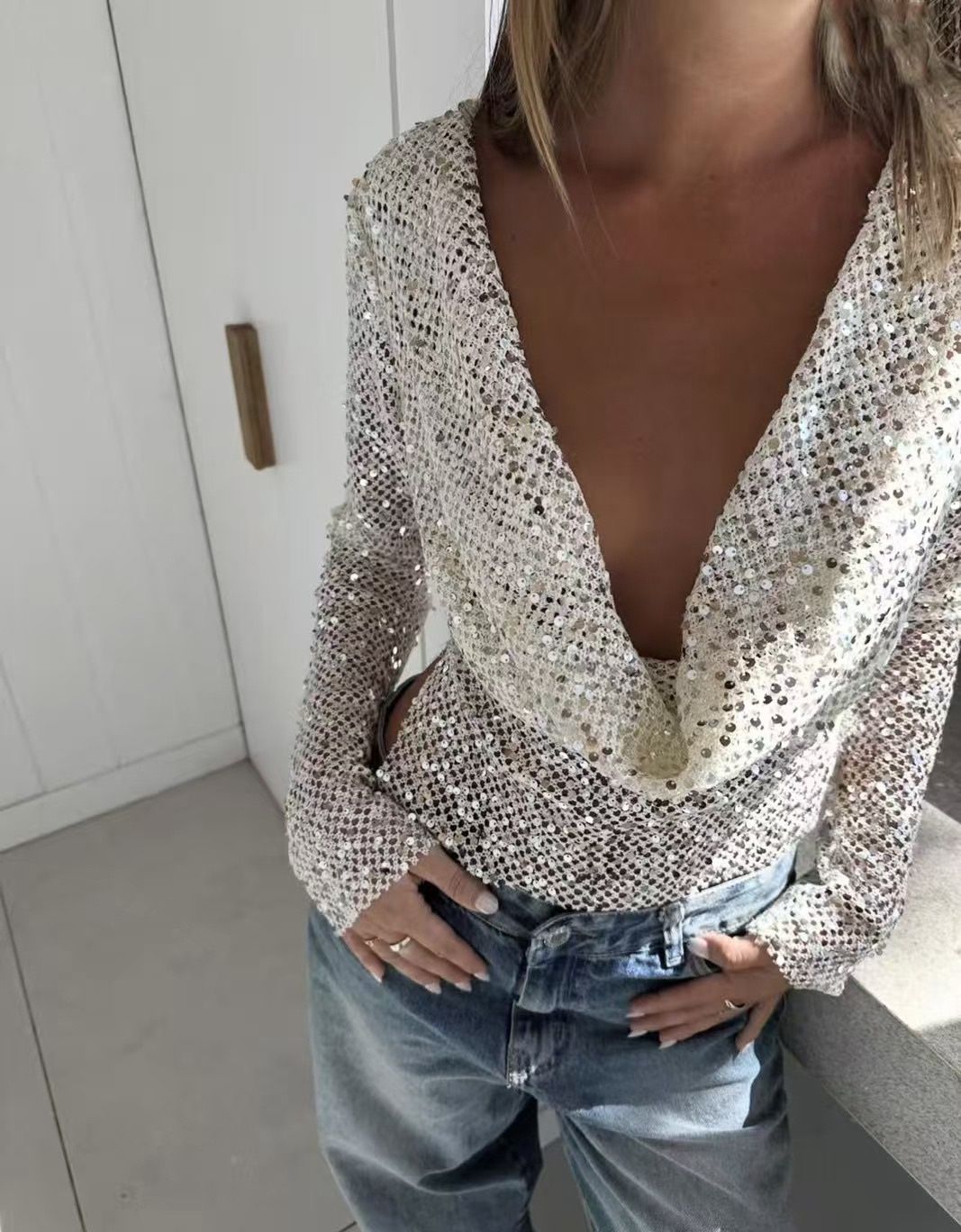 Grace Open-Back Sequin Top in Ivory