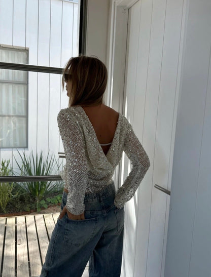 Grace Open-Back Sequin Top in Ivory