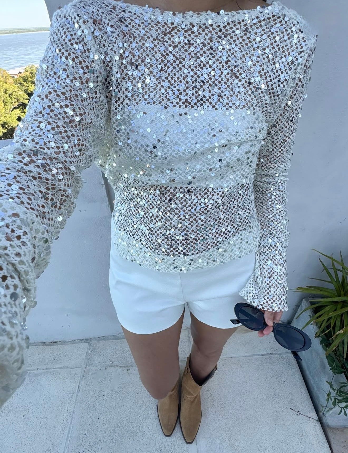 Grace Open-Back Sequin Top in Ivory