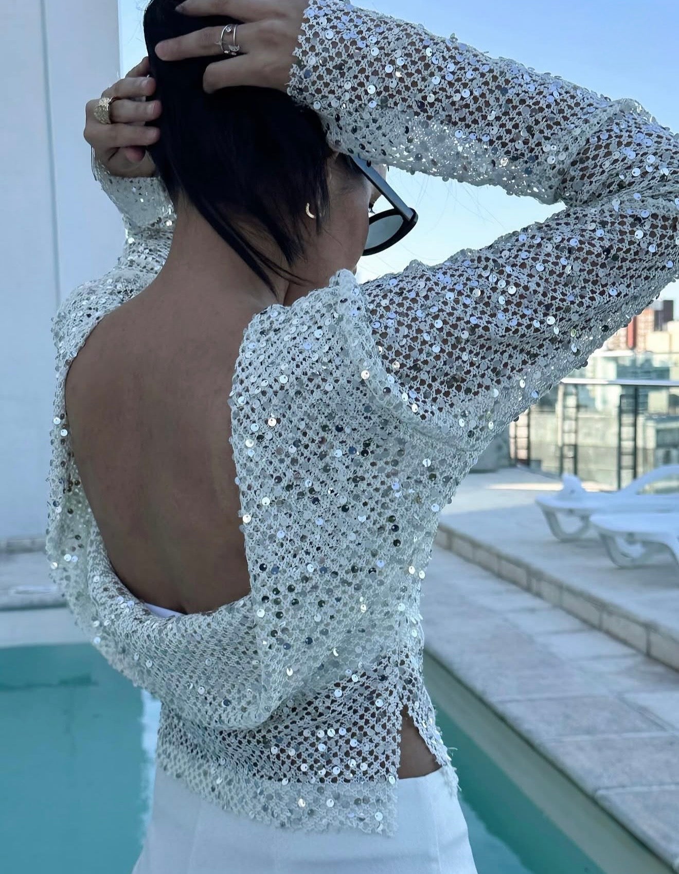 Grace Open-Back Sequin Top in Ivory