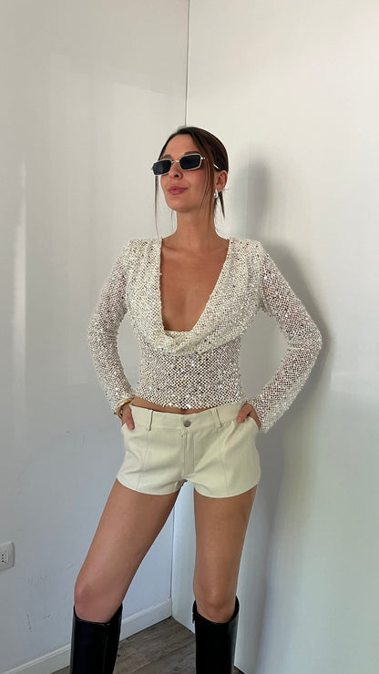 Grace Open-Back Sequin Top in Ivory