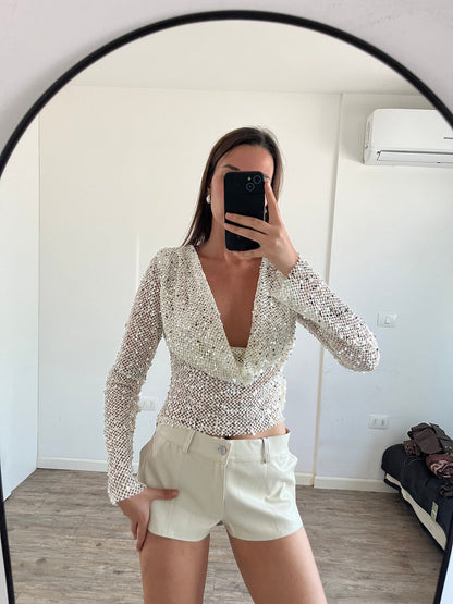 Grace Open-Back Sequin Top in Ivory