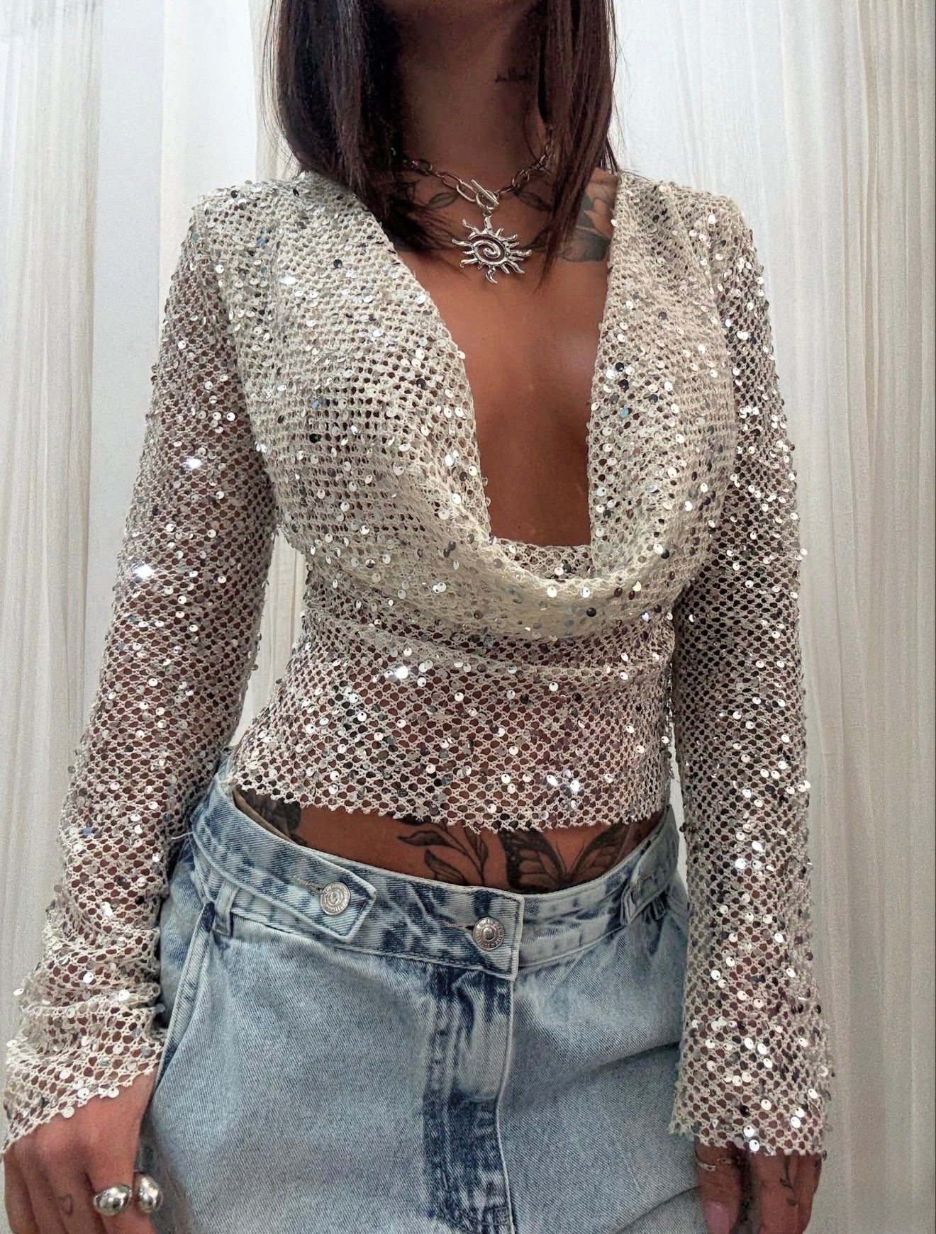 Grace Open-Back Sequin Top in Ivory