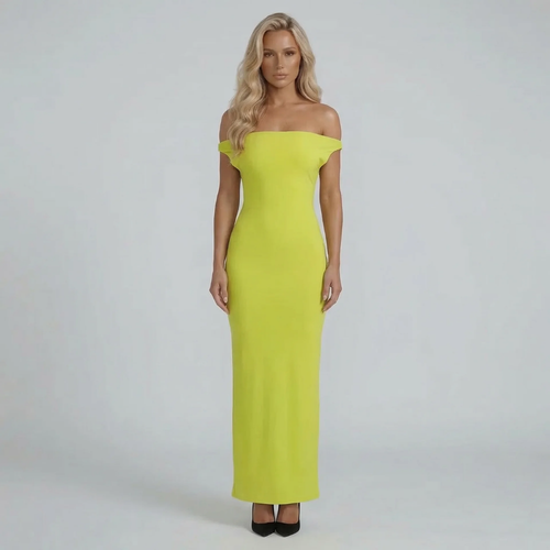 Green ruched maxi dress with off-shoulder neckline and braided strap — front view showcasing elegant silhouette.
