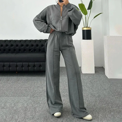 Women beige stand-collar set, side view